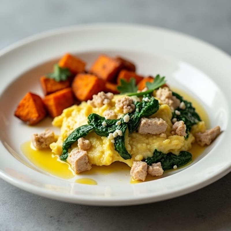 Egg White and Turkey Spinach Scramble with Roasted Sweet Potatoes