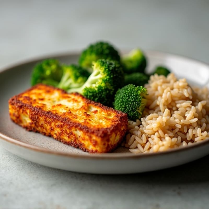 Crispy Tofu with Steamed Broccoli and Brown Rice