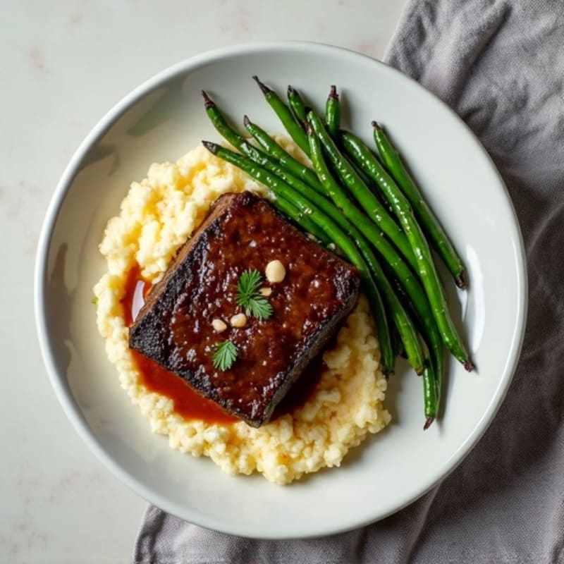 Tender Slow-Braised Short Ribs with Creamy Cauliflower Mash and Crispy Roasted Green Beans