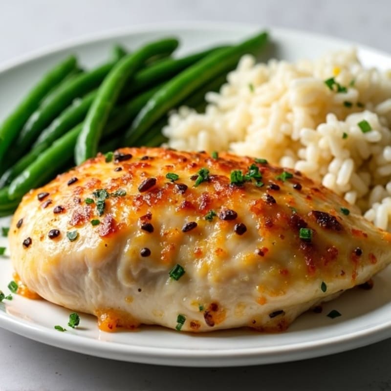 Herb-Roasted Chicken Breast with Garlic Rice and Steamed Green Beans