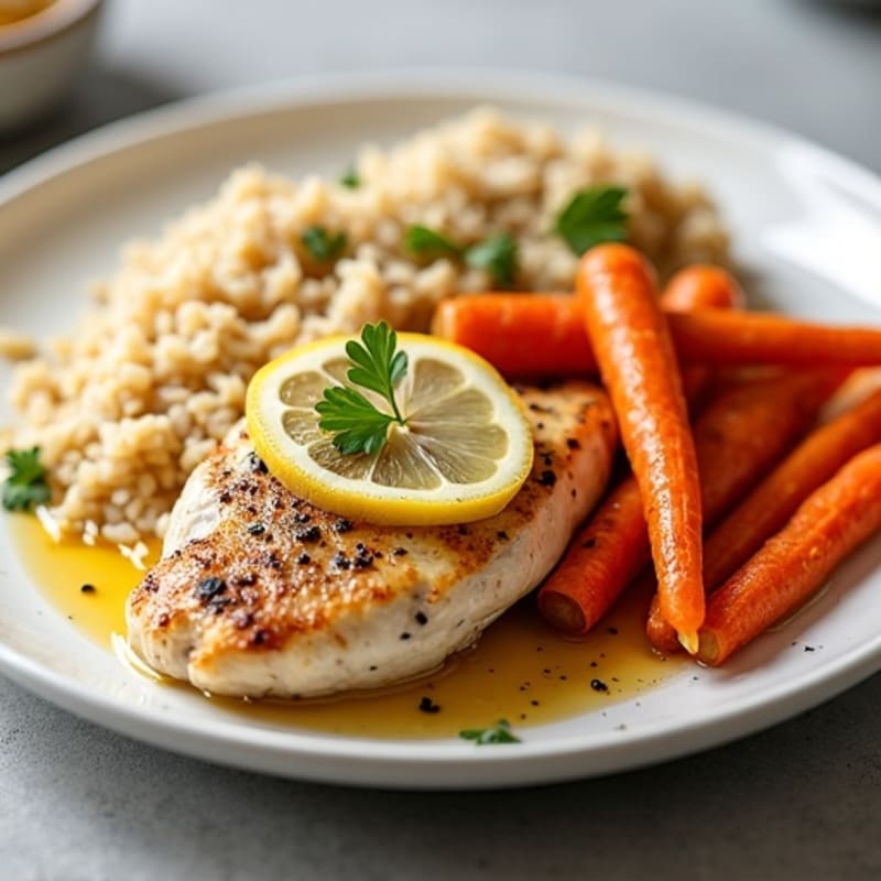 Lemon-Garlic Pan-Seared Chicken with Roasted Carrots and Fluffy Rice