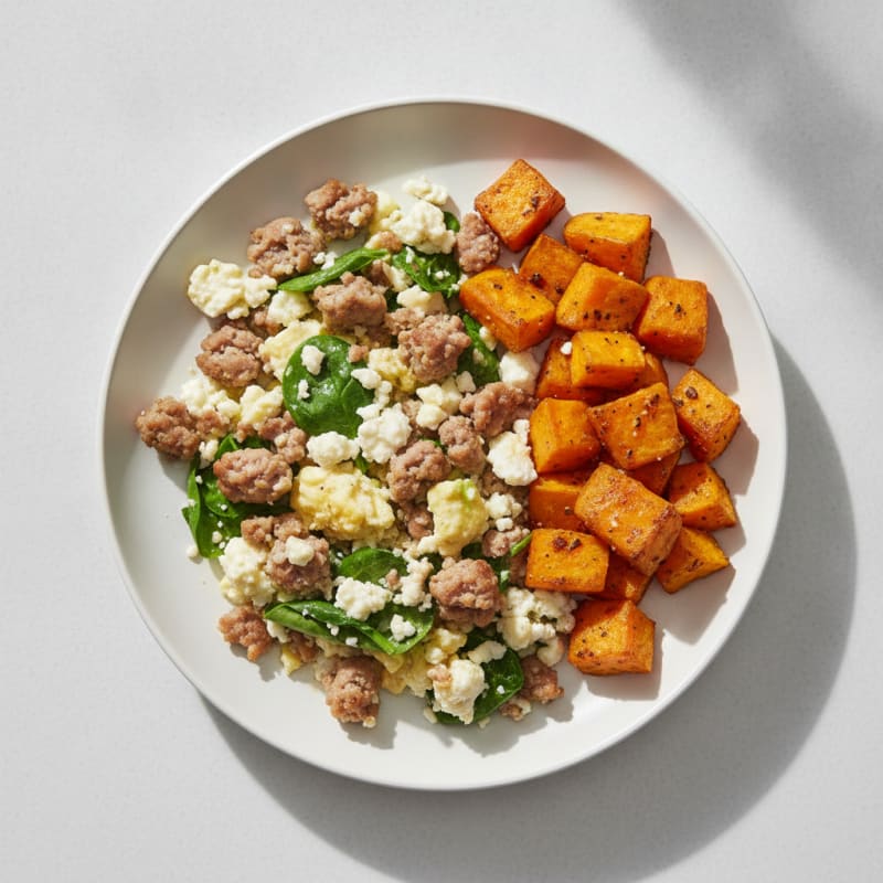 Egg White and Turkey Sausage Scramble with Cottage Cheese and Roasted Sweet Potatoes