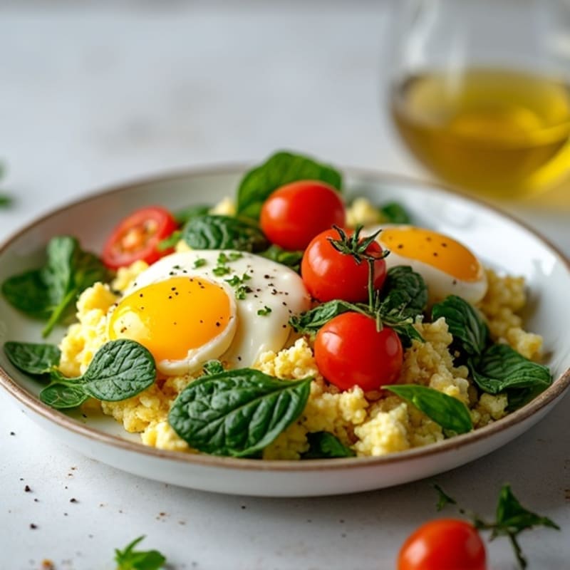 Cottage Cheese Egg Scramble with Spinach and Cherry Tomatoes