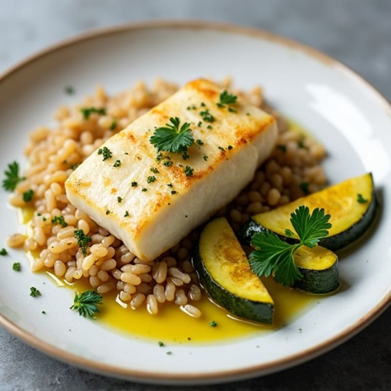 Seared Cod with Herb Rice and Roasted Zucchini