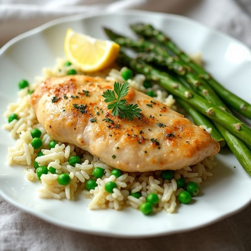 Lemon Herb Chicken with Creamy Coconut Rice and Peas and Roasted Asparagus