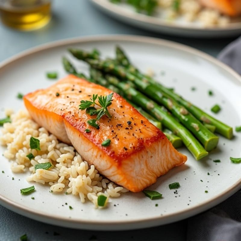 Seared Salmon with Garlic Rice and Steamed Asparagus
