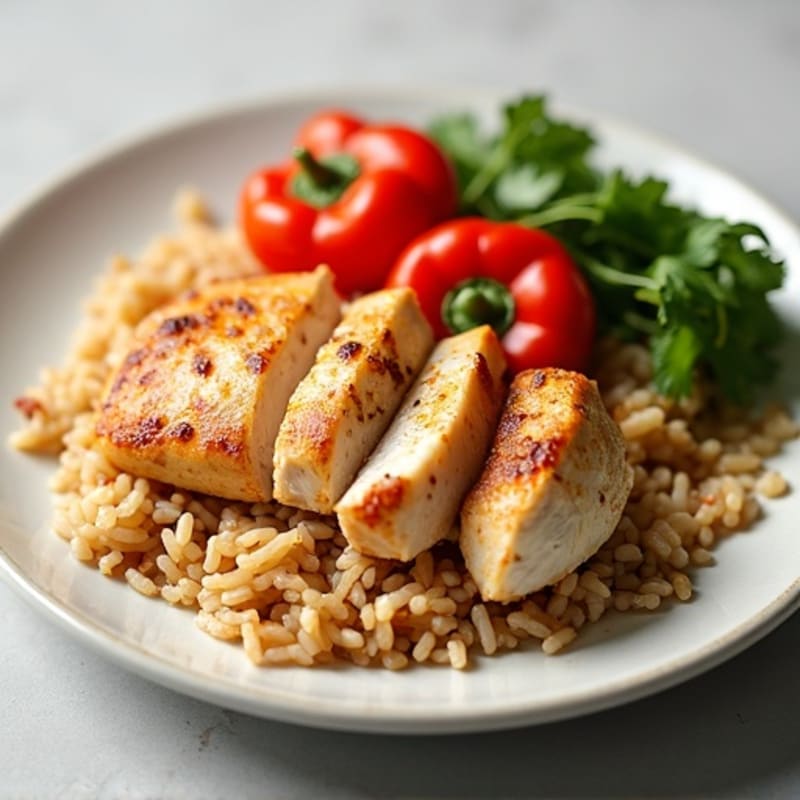 Lean Chicken with Savory Brown Rice and Roasted Bell Peppers