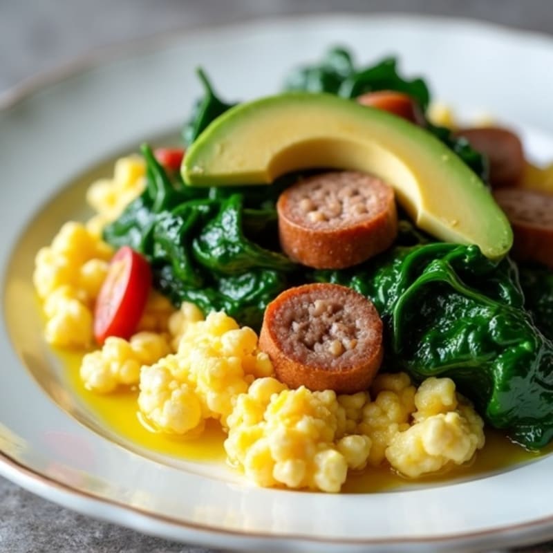 Egg White and Turkey Sausage Scramble with Sautéed Spinach