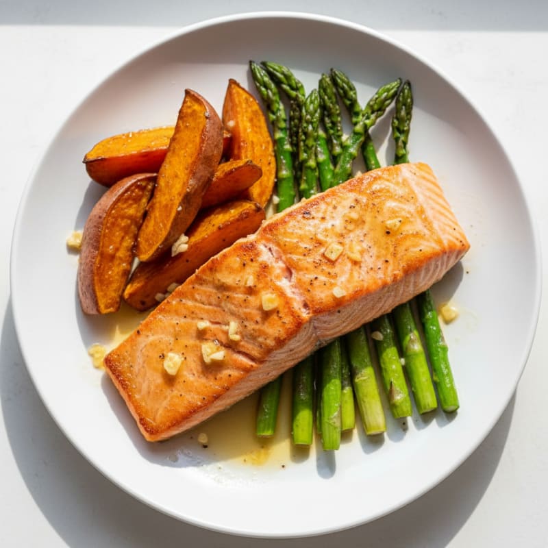 Seared Salmon with Roasted Sweet Potato and Asparagus