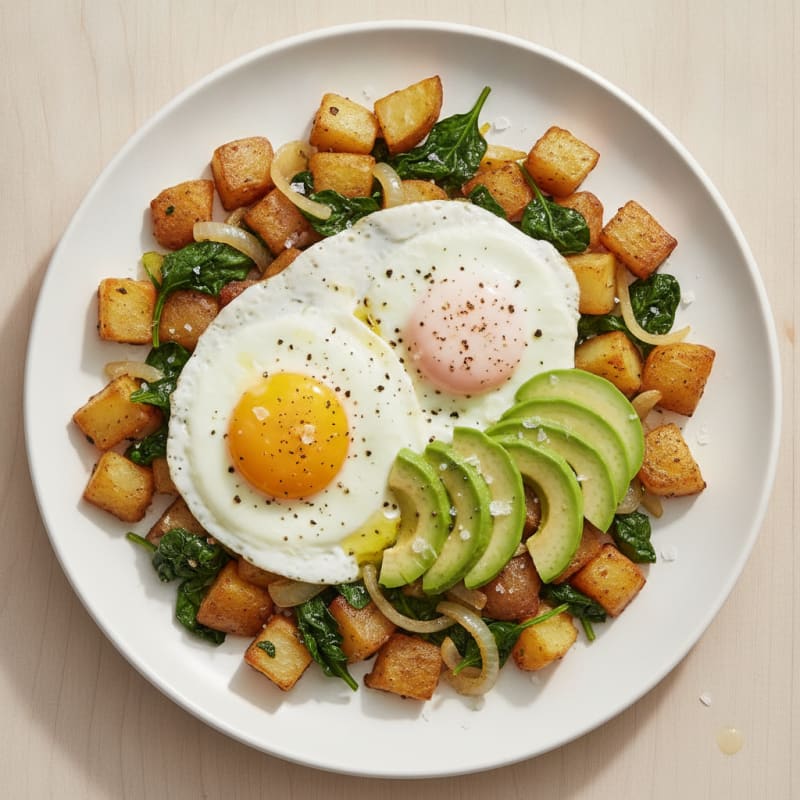 Roasted Potato and Spinach Hash with Avocado