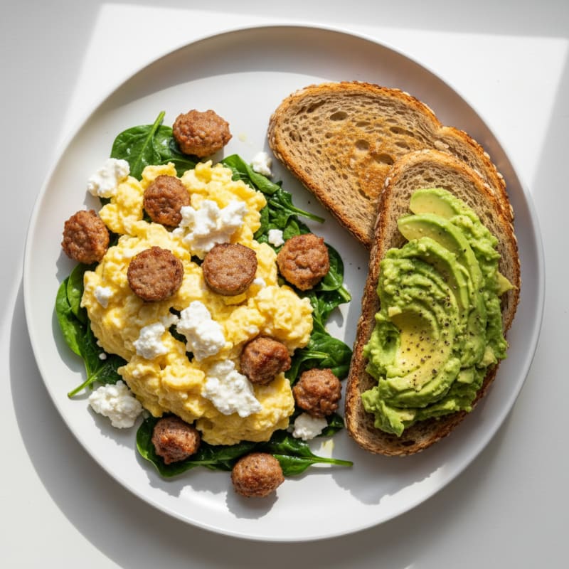 Cottage Cheese Scramble with Turkey Sausage and Sautéed Spinach
