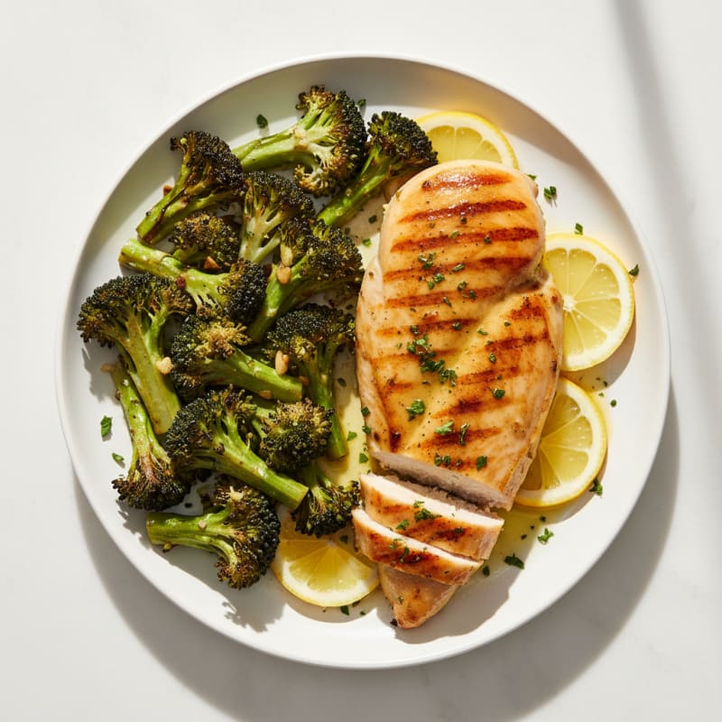 Grilled Chicken Breast with Roasted Broccoli and Lemon