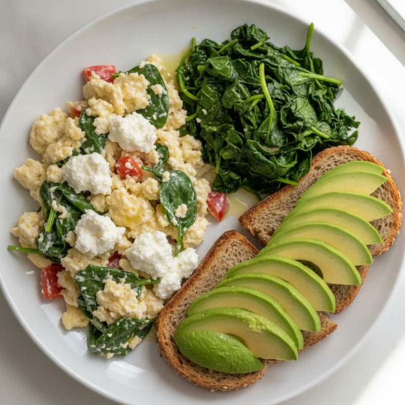 Egg White Veggie Scramble with Cottage Cheese and Sautéed Spinach