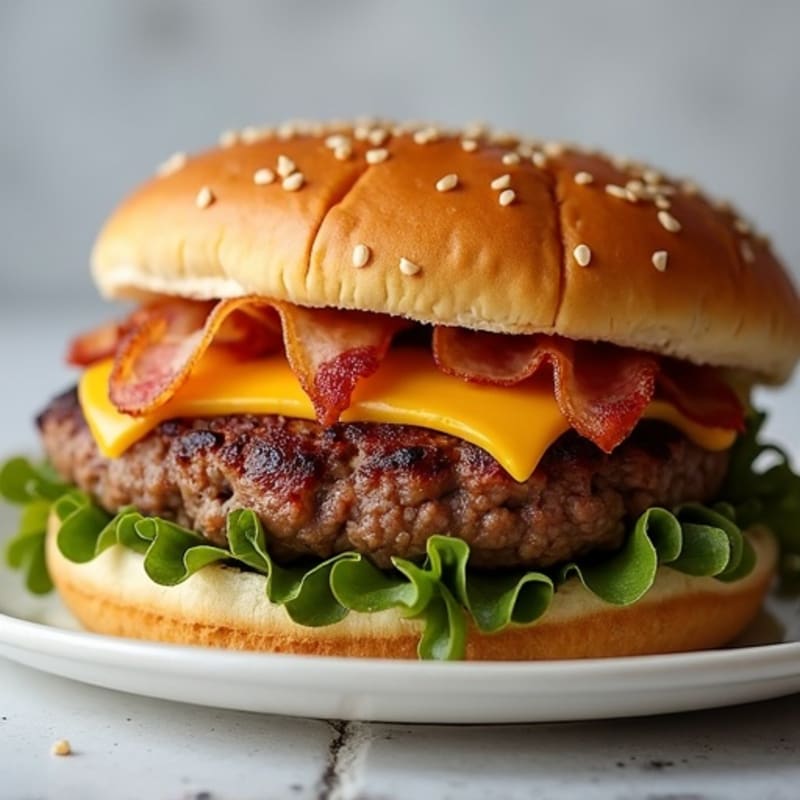 Lean Ground Beef Patties with Crispy Turkey Bacon, Sharp Cheddar, and Sautéed Onions