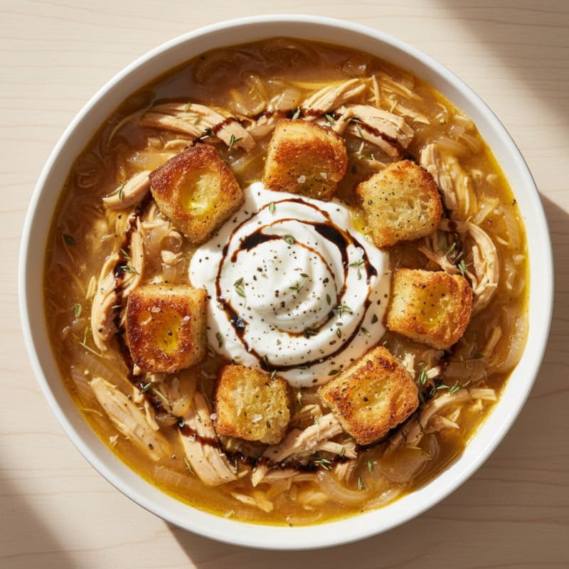 Creamy Caramelized Onion Soup with Golden Croutons