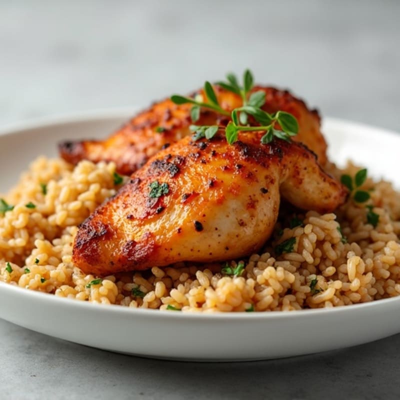 Crispy Roasted Chicken Thighs with Brown Rice and Caramelized Onions
