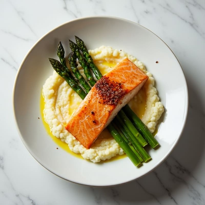 Seared Salmon with Roasted Asparagus and Cauliflower Mash