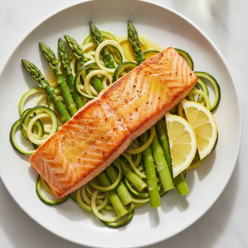 Seared Salmon with Steamed Asparagus and Zucchini Noodles