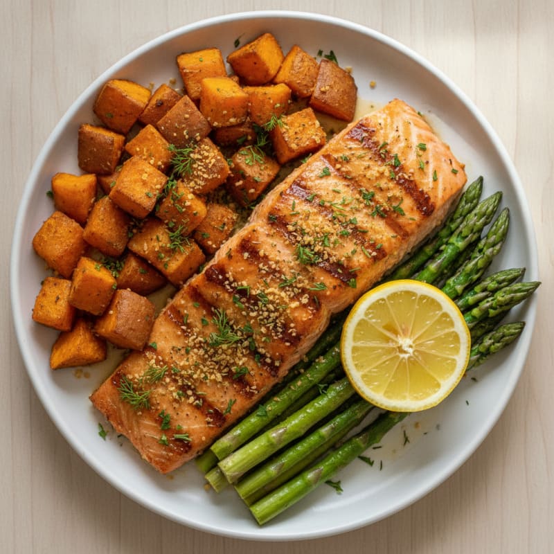 Herb-Roasted Salmon with Roasted Sweet Potatoes and Asparagus