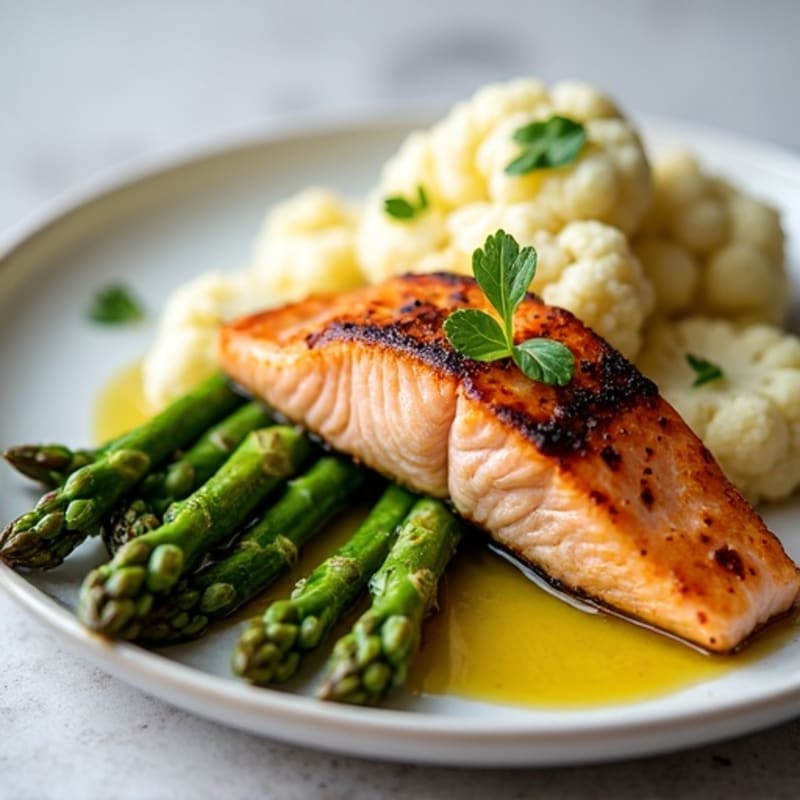 Seared Salmon Fillet with Roasted Asparagus and Garlic Mashed Cauliflower