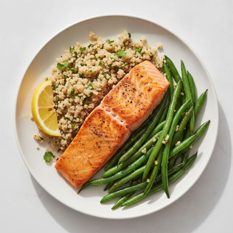 Seared Salmon with Garlic Green Beans and Quinoa
