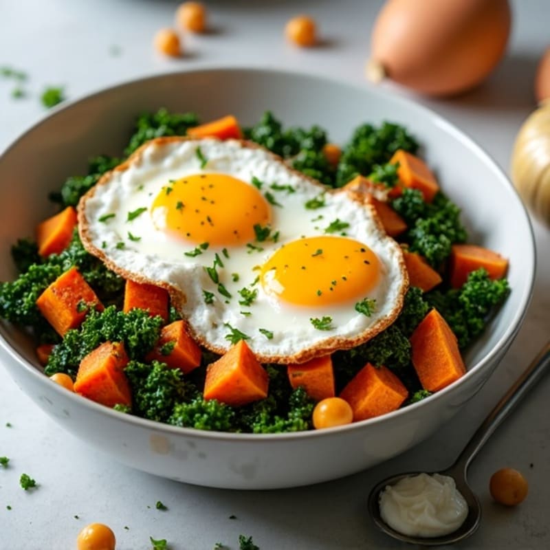 Crispy Sweet Potato and Kale Hash with Fried Eggs