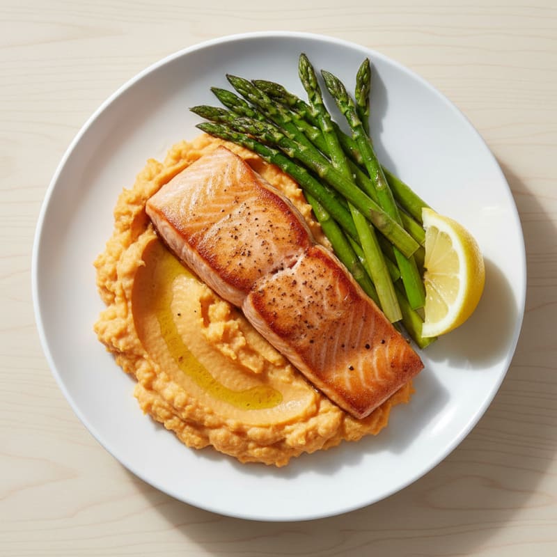 Seared Salmon Fillet with Roasted Asparagus and Sweet Potato Mash