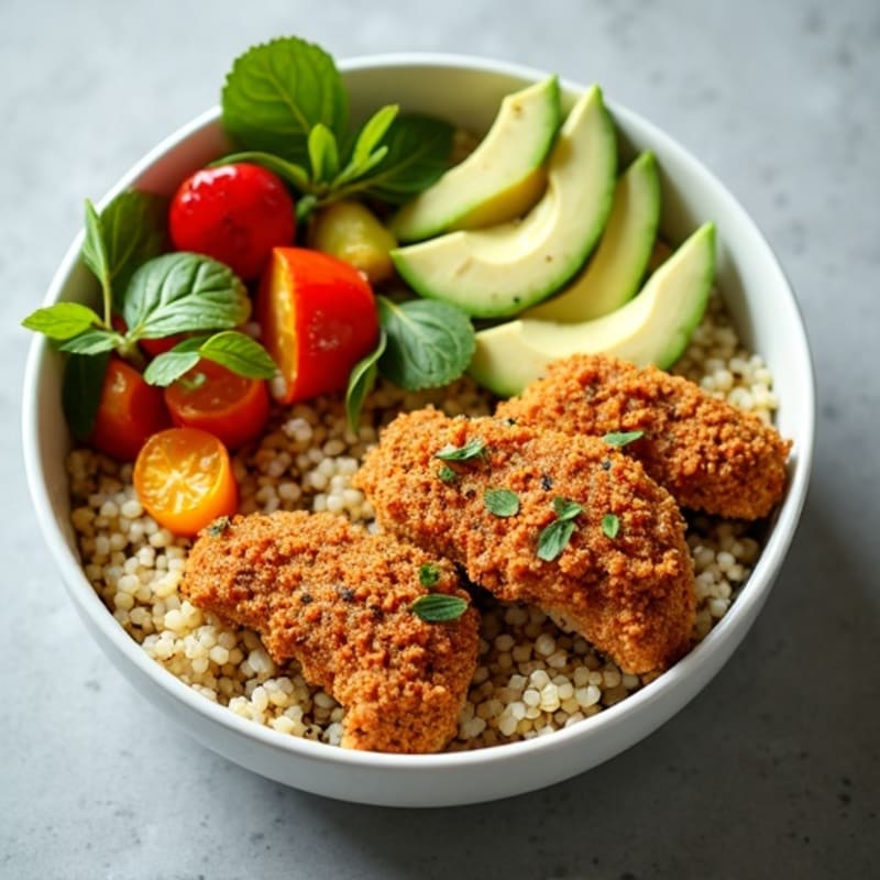 Crispy Chicken and Roasted Vegetable Power Bowl with Creamy Avocado Dressing