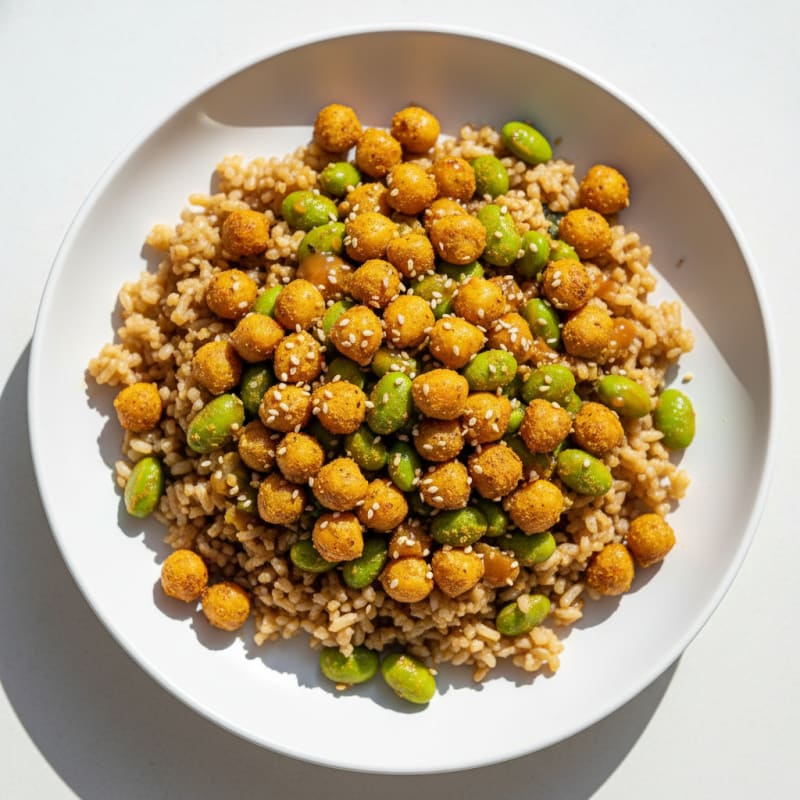 Crispy Chickpea and Edamame Stir Fry with Brown Rice