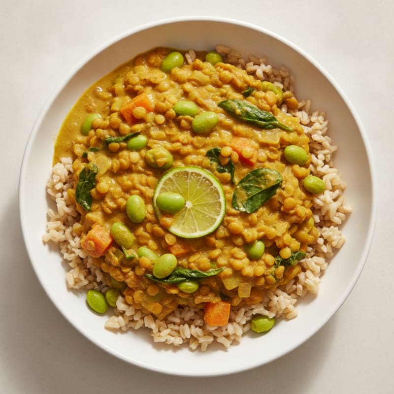 Creamy Lentil and Vegetable Stew with Edamame and Brown Rice