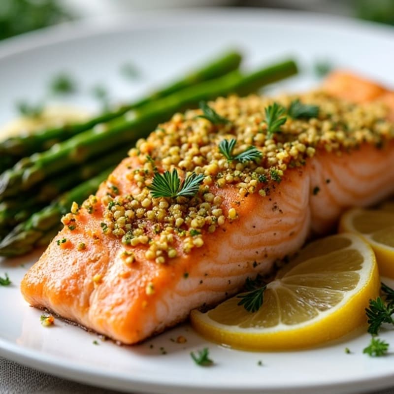 Crispy Pistachio-Crusted Salmon with Roasted Asparagus and Lemon-Herb Quinoa