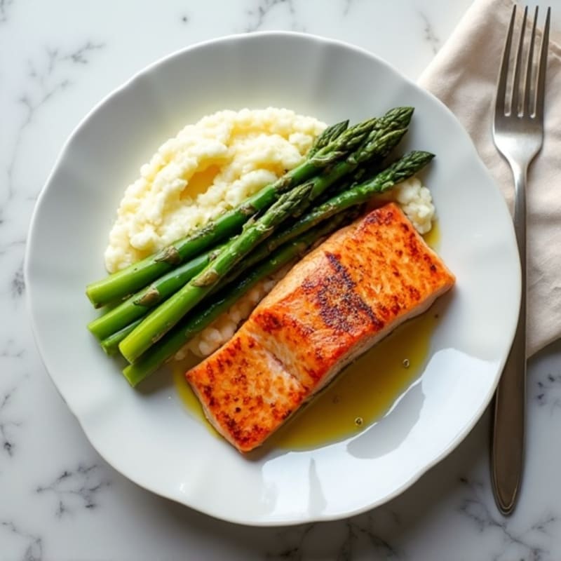 Seared Salmon with Steamed Asparagus and Cauliflower Mash