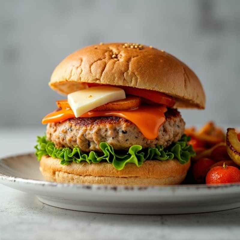 Buffalo Blue Cheese Turkey Burgers with Crispy Roasted Vegetables
