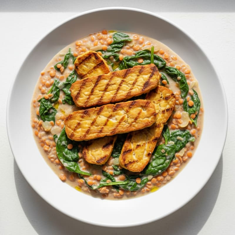 Creamy Lentil and Spinach Stew with Grilled Tempeh