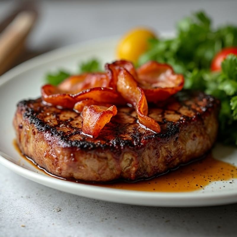 Pan-Seared Ribeye Steak with Crispy Bacon