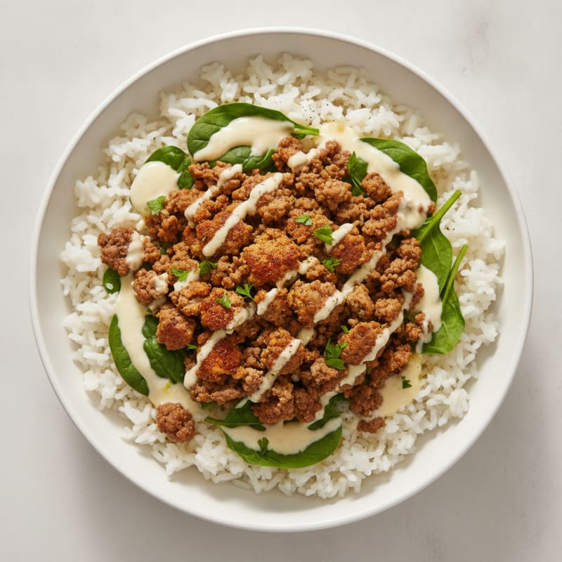 Beef and Rice Bowl with Tangy Yogurt Sauce