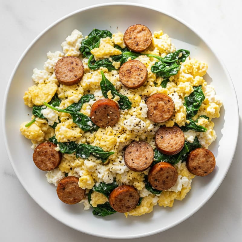 Cottage Cheese Scramble with Turkey Sausage and Spinach