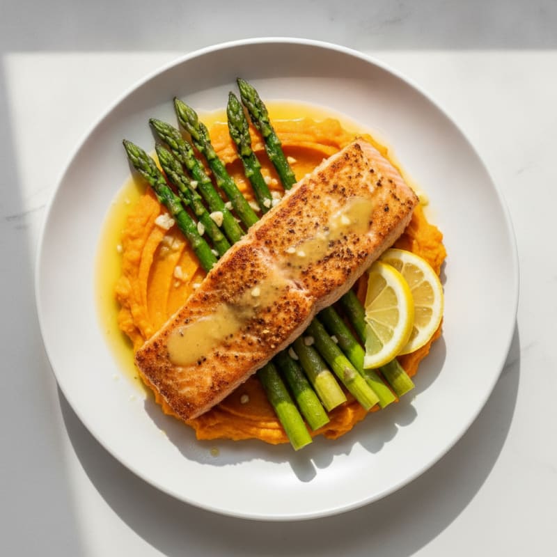Seared Salmon Fillet with Roasted Asparagus and Sweet Potato Mash