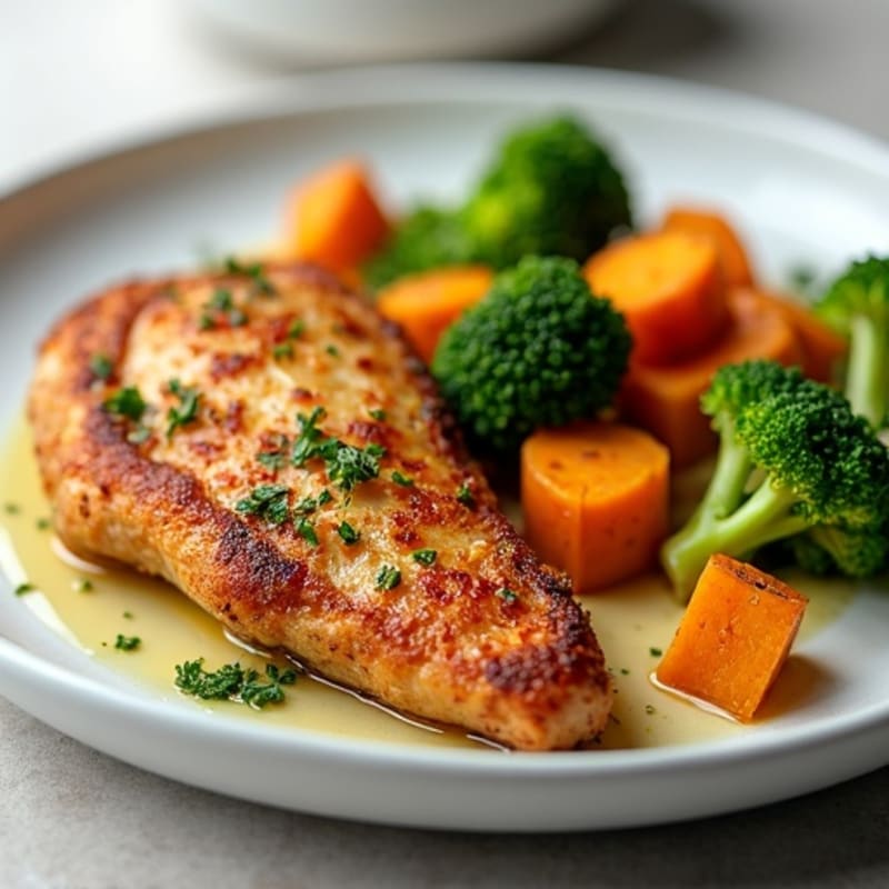 Crispy Baked Chicken Breast with Roasted Broccoli and Sweet Potato