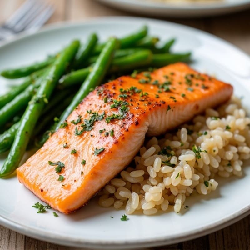 Seared Salmon Fillet with Garlic Green Beans and Brown Rice