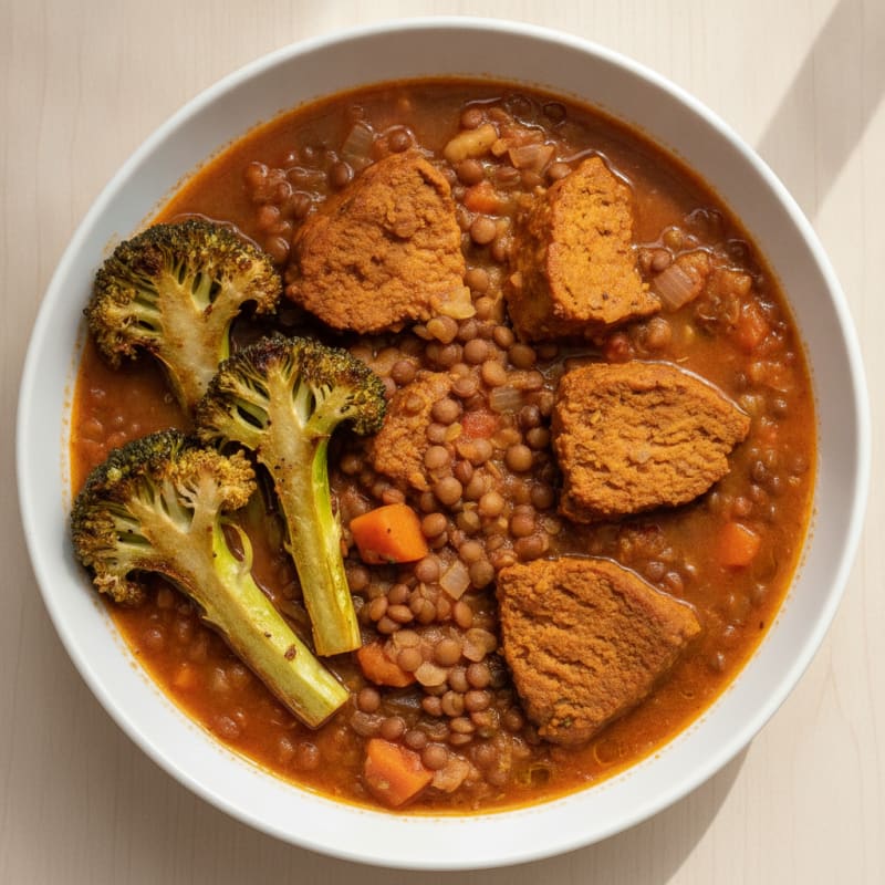 Lentil and Seitan Stew with Roasted Broccoli
