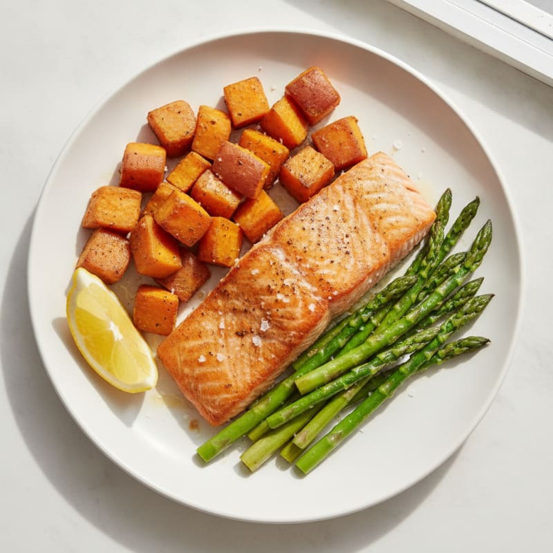 Seared Salmon with Roasted Sweet Potatoes and Asparagus