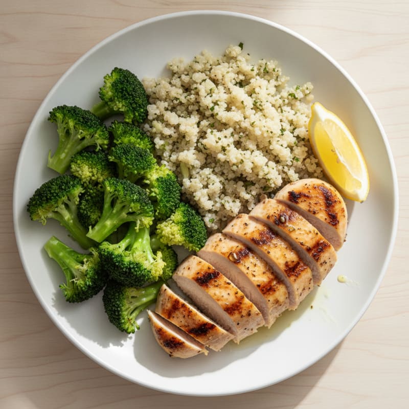 Grilled Chicken Breast with Steamed Broccoli and Quinoa