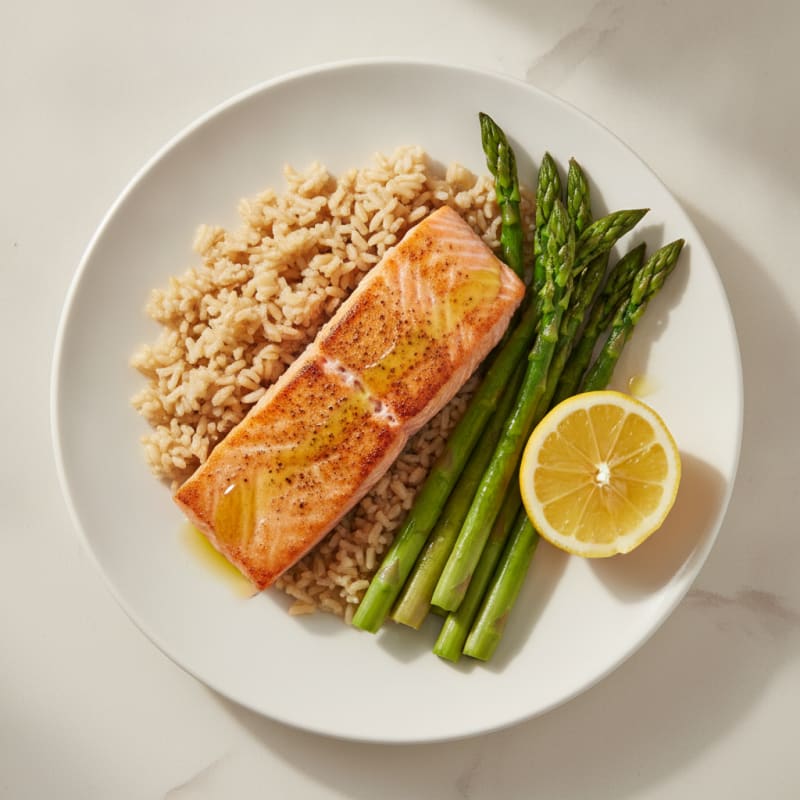 Seared Salmon with Steamed Asparagus and Brown Rice