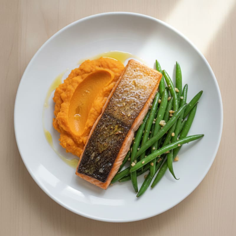 Seared Salmon with Garlic Green Beans and Sweet Potato Mash