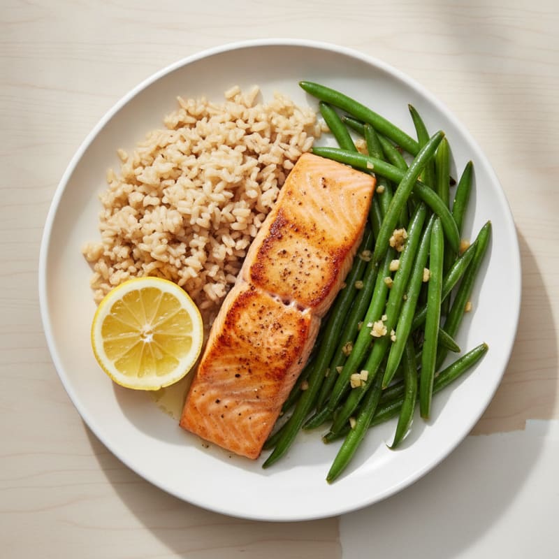 Seared Salmon with Garlic Green Beans and Brown Rice