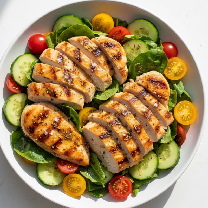 Grilled Chicken Breast Salad with Cucumber and Tomato