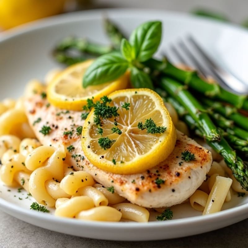 Lemon Herb Chicken Pasta with Roasted Asparagus