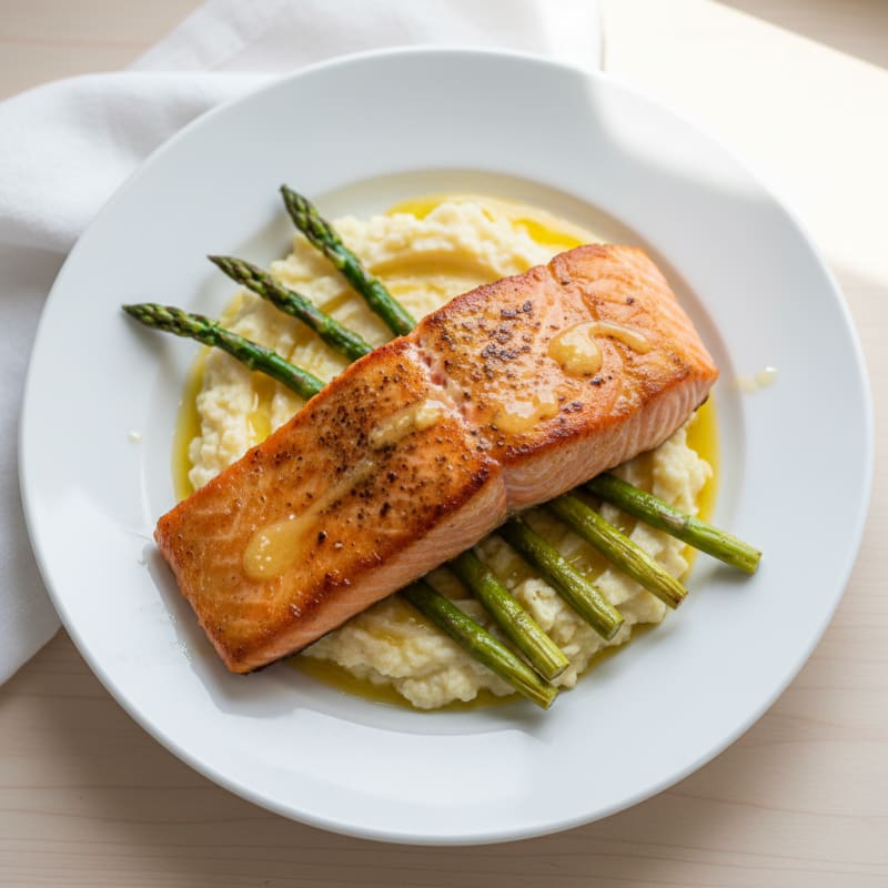 Seared Salmon Fillet with Roasted Asparagus and Cauliflower Mash