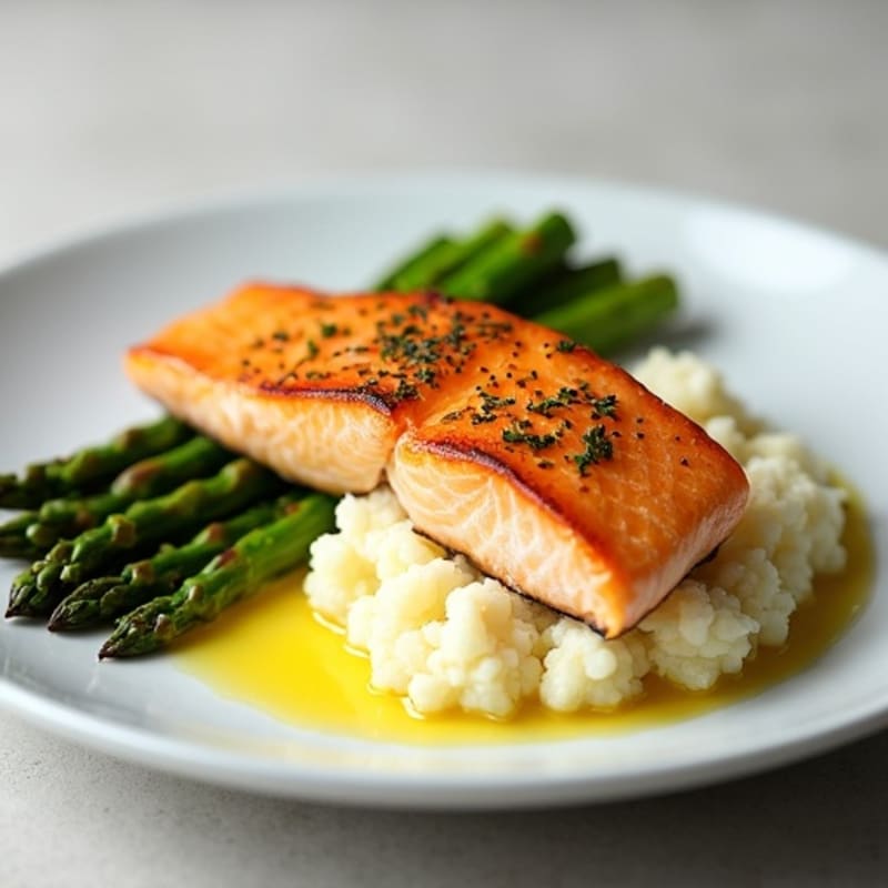 Seared Salmon with Steamed Asparagus and Mashed Cauliflower